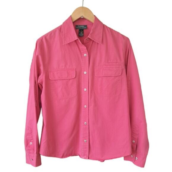 LAUREN Pink Button Down Camp Shirt Large Cotton Roll Tab Sleeve Pockets - Picture 8 of 11